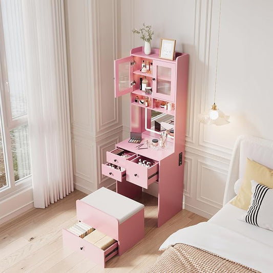 3-in-1 Make Up Vanity Desk with Mirror & Lights, Compact Vanity Table with Drawers, Storage Compartment and Rolling Stool, Modern Small Makeup Vanity and Storage Chair for Bedroom, Powder Room