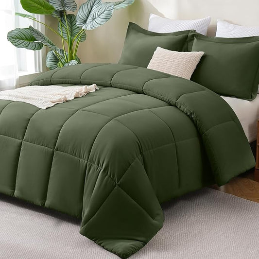CozyLux Oversized King Comforter Set, 270GSM Olive Green Bedding Sets for All Seasons, 3 Pieces 120x98 Bed Set with 1 Down Alternative Comforter and 2 Pillow Shams, Soft, Lightweight, Breathable