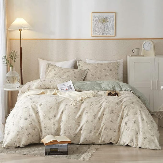VM VOUGEMARKET Vintage Flower Duvet Cover Set Full Cotton Girls Aesthetic Bedding Set Reversible Floral Duvet Cover with 2 Pillow Shams,Blooming Comforter Cover with Zipper-Gray Green