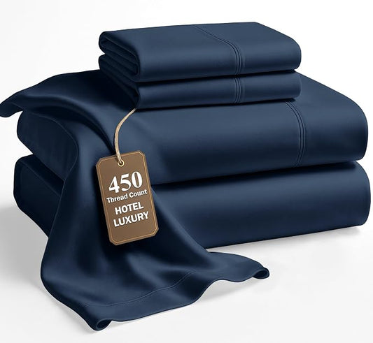 LANE LINEN 100% Cotton Bed Sheets Full Size - 450 Thread Count Silky Sateen Weave - Extra Soft, Cozy & Breathable Year Round Comfort - Fits Matresses Upto 15'' Deep - Oeko TEX Certified - Estate Blue