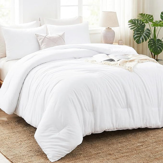 CozyLux King Size Comforter Set White, 3 Pieces Solid Comforters King Size Breathable Quilted Bedding Sets, Luxury Soft Lightweight Bed Set with Down Alternative Comforter and 2 Pillowcases All Season