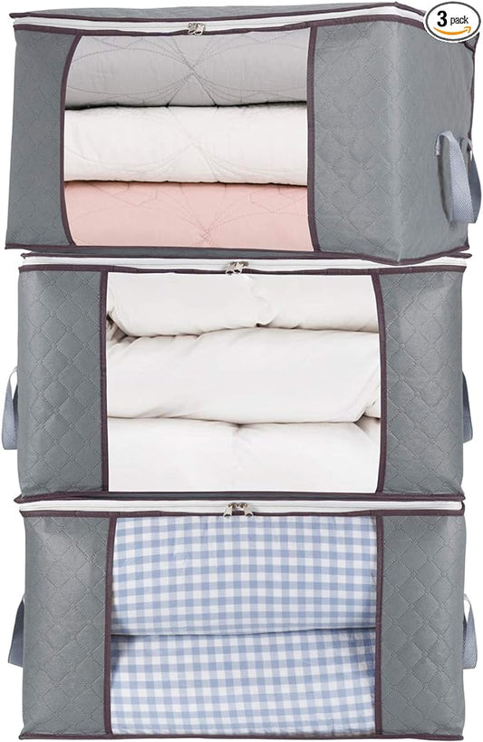 combocube 3Pcs Zippered Storage Bag for Closet King Comforter, pillow, quilt, bedding, Clothes, Blanket Organizers with Large Clear Window & Carry Handles Space Saver