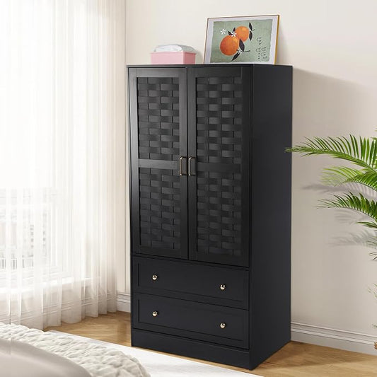 LEVNARY Armoire Wardrobe Closet with 2 Woven Doors, Wardrobe Cabinet with 2 Storage Drawers and Hanging Rail, Freestanding Wooden Closet for Bedroom (Black)