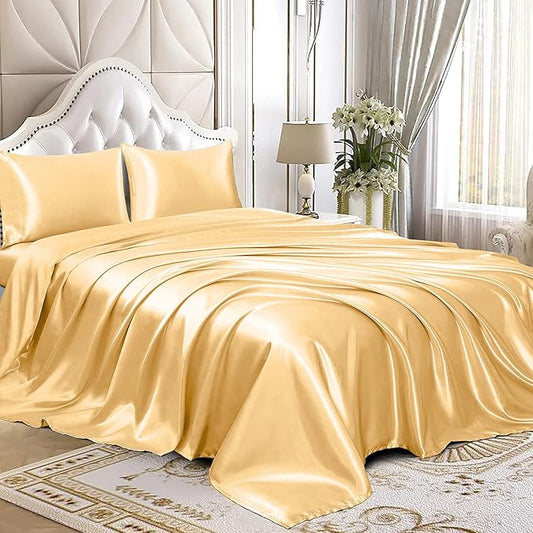 Homiest 4pcs Satin Sheets Set Luxury Silky Satin Bedding Set with Deep Pocket, 1 Fitted Sheet + 1 Flat Sheet + 2 Pillowcases (Queen Size, Gold)