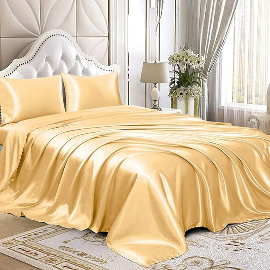 Homiest 4pcs Satin Sheets Set Luxury Silky Satin Bedding Set with Deep Pocket, 1 Fitted Sheet + 1 Flat Sheet + 2 Pillowcases (Full Size, Gold)