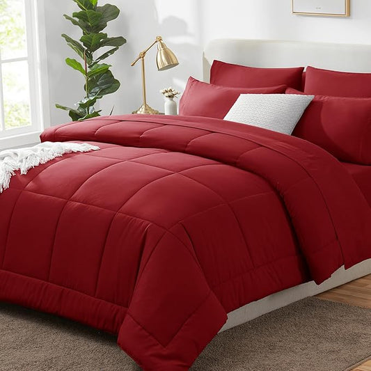 CozyLux Oversized King Comforter Sets Dark Red, 7 Pieces Bed in a Bag, Ultra-Soft All Season Bedding Sets with Stitch Quilted Comforter, Flat Sheet, Fitted Sheet, Pillowcases