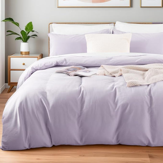 NEXHOME PRO Queen Duvet Cover Set, 100% Washed Cotton with Linen-Like Texture, Natural Organic, Breathable & Comfortable, Includes Home Bedding Set Lilac (No Comforter) 9090