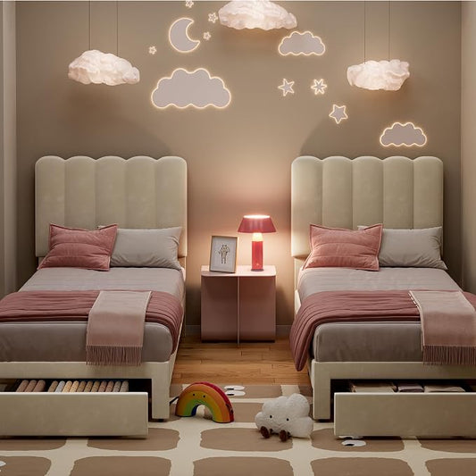 GarveeHome Twin Bed Frame with Under-Bed Drawer, Upholstered Platform Bed with Wave Headboard for Kids/Girls, Wooden Slats Support, No Box Spring Needed, Velvet Beige, 2 Sets