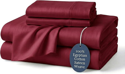100% Egyptian Cotton Sheets Queen Burgundy - Luxury Hotel Collection Queen Size Sheet Set, Cooling & Breathable Sateen Weave, Anti Pilling Extra Long Staple Cotton, 16" Deep Pocket - 4Pc