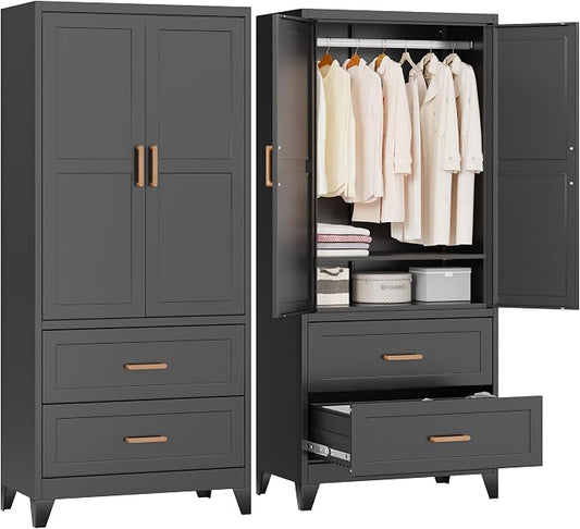 INTERGREAT 71” H Metal Wardrobe Cabinets with 2 Doors, Large Clothing Storage Cabinets with Hanging Rod and Adjustable Shelves, Closet for Home Living (Black)