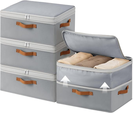 Homosorout Large Closet Storage Bins - Compression Organizer Bins, Stackable Closet Organizer, Expandable Under Bed Storage Containers for Clothes, Towels, Sheet, 4 Pack, Grey