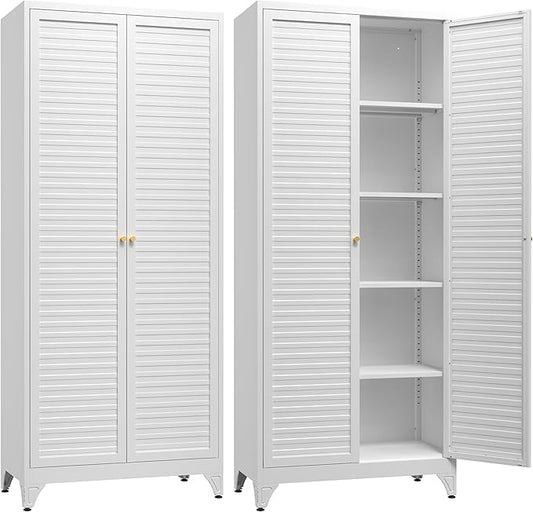 SteeLoong Kitchen Pantry Cabinet,75" Metal Storage Cabinet with Doors and 4 Adjustable Shelves,White Tall Locker Organizer Steel Garage Cabinets for Tool,File Cabinet for Office,Kitchen,Garage,School