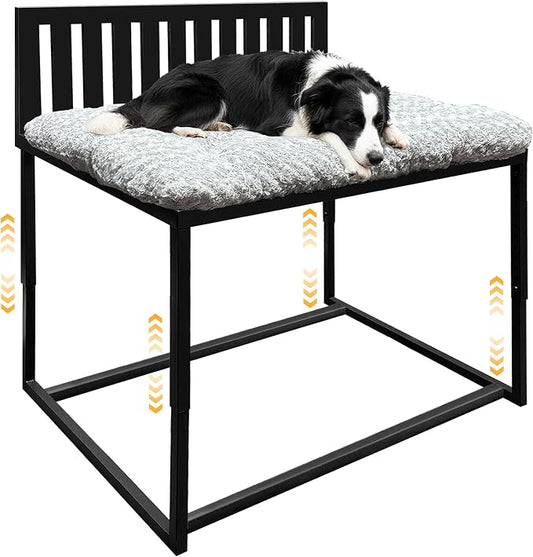 Heavy Duty Dog Bunk Bed, Adjustable Height Metal Dog Bed Frame with Wooden Side Panels & Washable Cushions, Elevated Raised Pet Bed for Large Dogs, 40.5''x28.5''