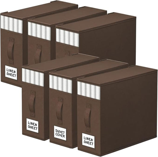 StorageTastic 6 Pack Bed Sheet Closet Organizers and Storage,Sturdy Foldable Storage Containers with Window and Label,Storage and Organization for Bedding Sheets,Duvet Covers,Blankets (Brown)
