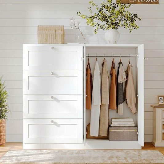 VOWNER Armoire Wardrobe Closet with 4 Drawers and 2 Doors, 43''H Clothing Storage Cabinet Dresser with Hanging Rod, Cothes Wardrobe for Bedroom, Baby Closet, White