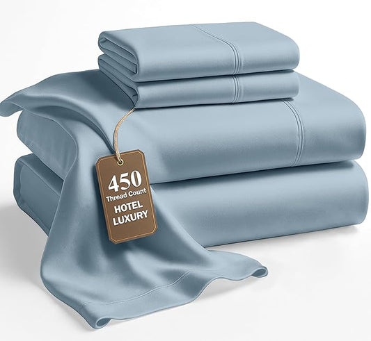 LANE LINEN 100% Cotton Bed Sheets – 450 Thread Count Cooling Sheets Queen, Durable Daily Use Bedding, Value Comfort for Night Rest, Hotel Sateen Finish, Snug Fit 15" Deep Pocket – French Blue