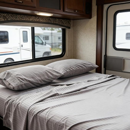 Kingnex Striped RV Short Queen Sheets Set for 60 x 75 Camper Bed with up to 15 Deep Soft Brushed 1800 Microfiber 4 Piece Bedding Set 60x75 Grey