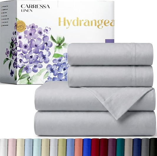 Carressa Linen 100% Egyptian Cotton King Size Sheets Set - 600 Series Hydrangeas Collection Egyptian Cotton Sheets King Size (4 PC, Silver), 16" Deep Pocket Sateen Weave Luxury Bed Sheet