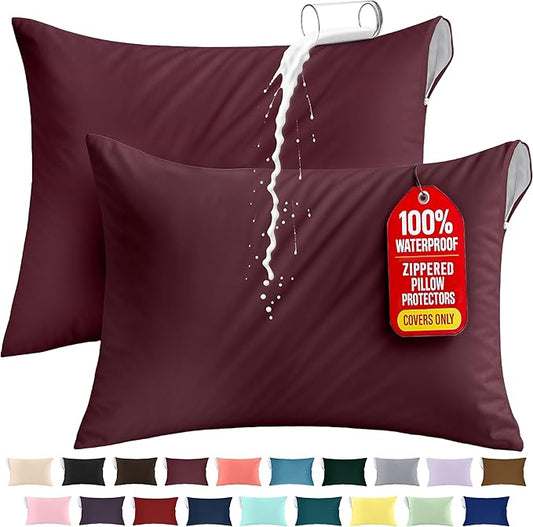 Utopia Bedding Premium 100% Waterproof Pillow Protectors with Zipper Standard Size (Set of 2), Bed Bug and Dust Mite Proof Zippered Pillow Covers, Pillow Encasement Cases, Burgundy