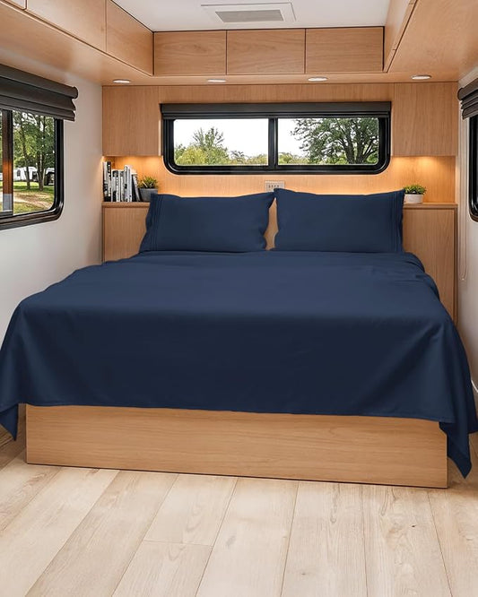Short Queen Size 4 Piece Sheet Set - RV Short Queen, Soft, Breathable & Cooling Bed Sheets Set with Deep Pockets - Hotel Luxury Bedding for Women & Men - Wrinkle Free and Fade Resistant - Navy Blue