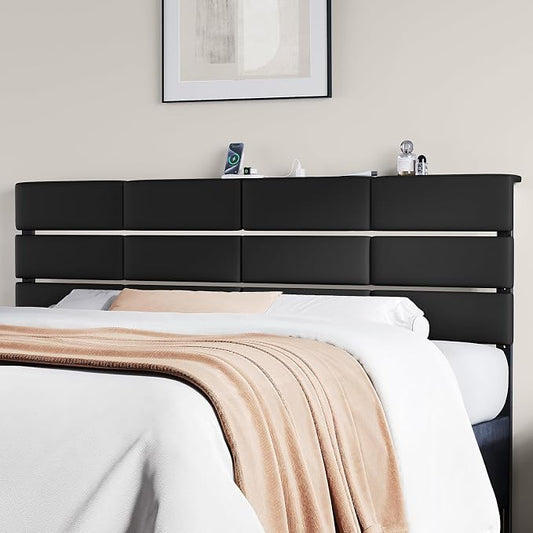 King/Cal King Size Upholstered Velvet Headboard, Adjustable Head Boards with LED Light & Charging Station, Bed Headboard Only, Attach Frame, Ideal for Bedroom, Dorm, Guest Room, Black