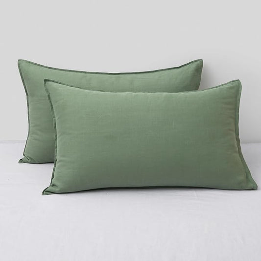 CHUFFED Linen Pillowcases 2 Pack 100% Linen Standard Pillow Cases, Breathable and Cooling Washed Pillowshams with Zipper Closure, 20x36 Inches,Saga Green