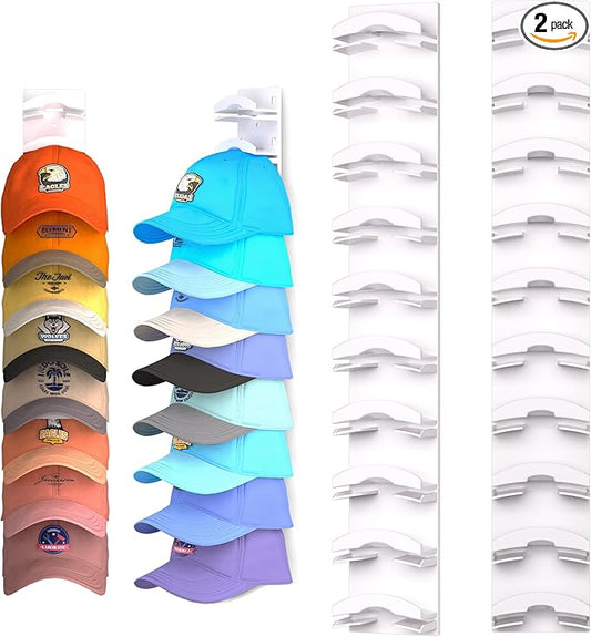 Hat Organizer for Baseball Caps 2Pack, Hat Rack for Wall with Strong Adhesive Hold up to 20 Hats, Hat Hanger Holder Display for Door Closet, Cap Organizer Storage Multilayer Two Mounting Option(White)