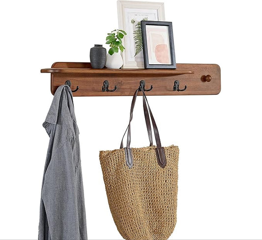 Alaterre Furniture Calais 36 Inch Wall Mount Coat Rack with Shelf with 4 Coat Hooks and Peg – Acacia Wood Wall Hangers (Chestnut)