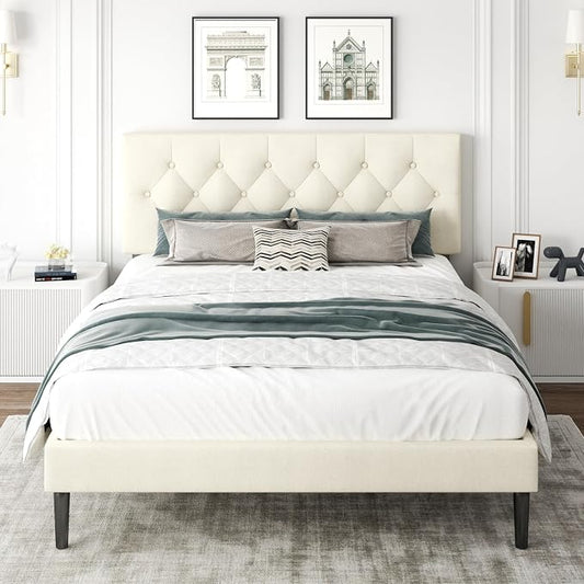 CXVX Queen Size Platform Bed Frame with Upholstered Headboard, Button Tufted Design, Strong Wooden Slats, No Box Spring Needed, Easy Assembly, Noise Free