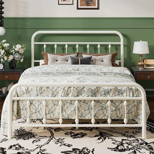 SHA CERLIN Full Size Metal Platform Bed Frame with Victorian Style Iron-Art Headboard and Footboard, Easy Assembly, Under Bed Storage, No Box Spring Required, Off White