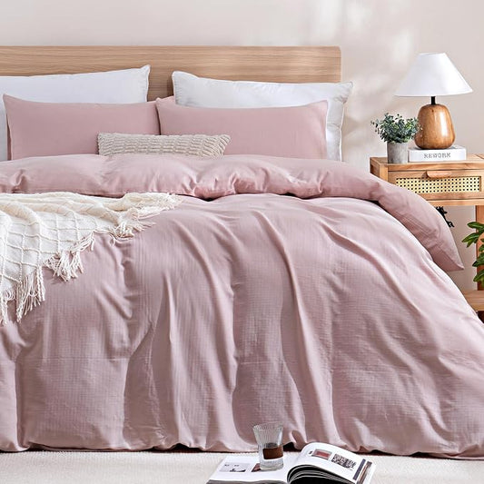 TOCOMOA Muslin Duvet Cover 100% Cotton Like Linen Texture Breathable Soft Comfy 3-Piece Pink Comforter Cover Bedding Set (King 104"x90", Comforter Not Included)