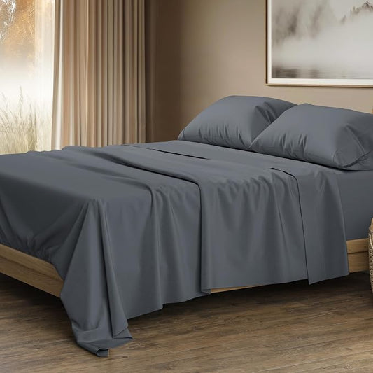 THREAD SPREAD 100% Egyptian Cotton Sheets Queen Size - Luxury 1500 Series Queen Sheet Set Egyptian Cotton (4 PC, Dark Grey), Silky Soft, Sateen Weave, Cooling & Breathable, 17" Deep Pocket Bed Set