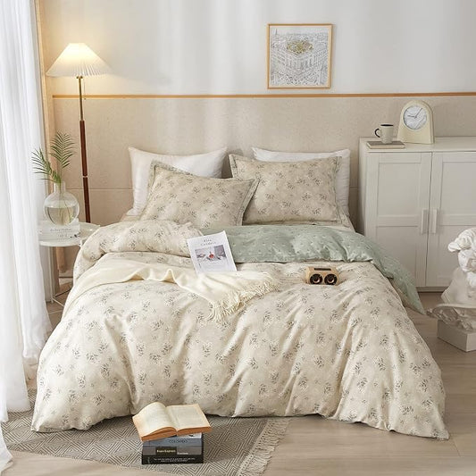 VM VOUGEMARKET Floral Bedding Twin Reversible Gray Beige Flower Duvet Cover Set,Cottagecore Duvet Cover Matching 2 Pillowcases 100% Cotton Chic Girls Bedding Set -Twin(68"x86")