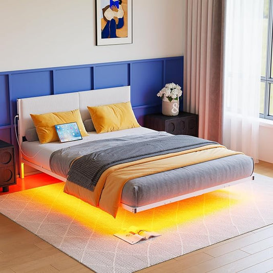 Queen Bed Frame,Floating Bed Frames Queen Size with LED Lights & Charging Station,Modern Queen Platform Bed Frame with Upholstered Headboard,Heavy Duty Steel Slats,No Box Spring Needed,No Noise,White