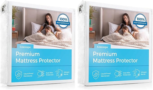Linenspa Waterproof Mattress Protector, Queen Size – Fitted Sheet Style, Breathable, Machine Washable & Dryer Safe, White (Pack of 2)