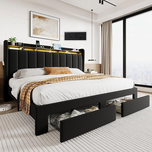 SHA CERLIN Velvet King Size Bed Frame with Vertical Channel Tufted Wingback Headboard & 2 Storage Drawers/2-Tier Shelves with LED Lights & Charging Station/Noise-Free/No Box Spring Needed/Black