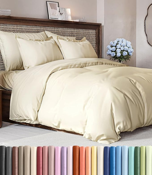 Duvet Cover Queen Size Set - Extra Soft Queen Duvet Cover 90" x 90" with 2 Pillow Shams - Hotel Luxury, Easy Care & Fade Free w/ Zipper Closures & Ties - All Season, Comfy and Breathable (Off White)