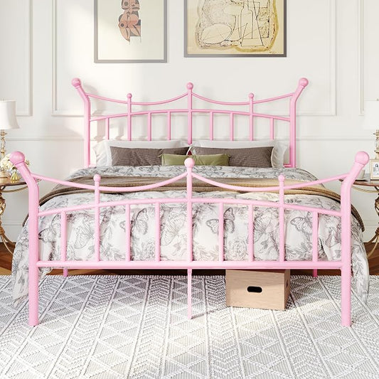 Allewie 14 Inches Queen Size Metal Platform Bed Frame with Elegant Crown Iron-Art Headboard & Footboard, Sturdy Mattress Foundation with Under-Bed Storage, Easy Assembly, No Box Spring Needed, Pink