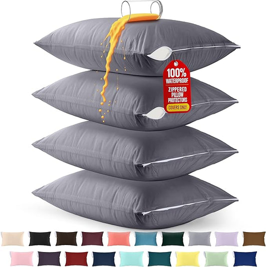 Utopia Bedding Premium 100% Waterproof Pillow Protectors with Zipper Standard Size (Set of 4), Bed Bug and Dust Mite Proof Zippered Pillow Covers, Pillow Encasement Cases, Gray