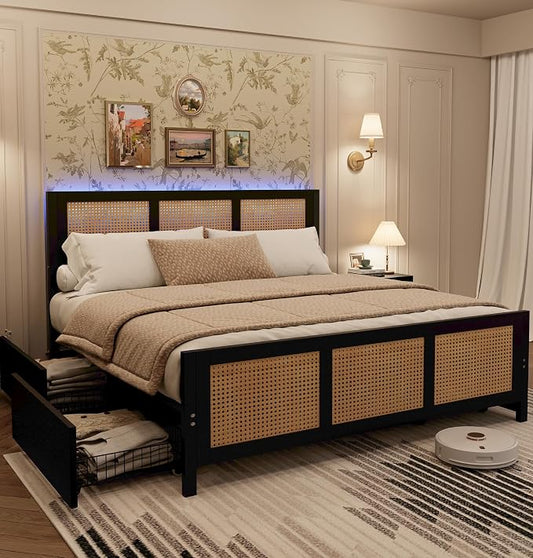 IDEALHOUSE Rattan Bed Frame with Storage Drawers, Boho Queen Led Bed Frame with Strong Metal Slats Support, No Box Spring Needed, Noise-Free Design, Black