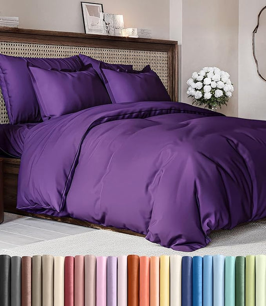 Duvet Cover King Size Set - Extra Soft King Duvet Cover 104" x 90" with 2 Pillow Shams - Hotel Luxury, Easy Care and Fade Free w/ Zipper Closures & Ties - All Season, Comfy, Cozy & Breathable (Purple)