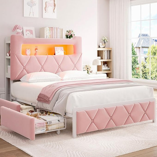 Queen Upholstered LED Bed Frame with 2 Storage Drawers and 2-Tier Storage Headboard,Velvet Princess Platform Bed with Charging Station & Bookcase, Corner Bed Frame, Heavy Duty Metal Support, Pink