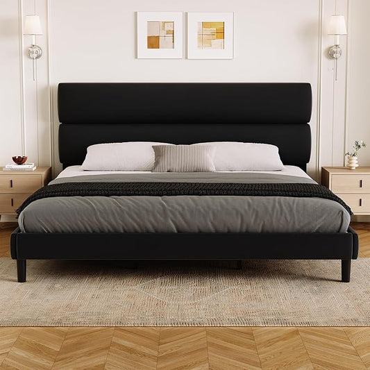 GRUSIGN King Size Platform Bed Frame with Velvet Headboard, Adjustable Height Wooden Slats Support, Upholstered Mattress Foundation, Fits Mattress or Mattress with Box Spring, Easy Assembly, Black