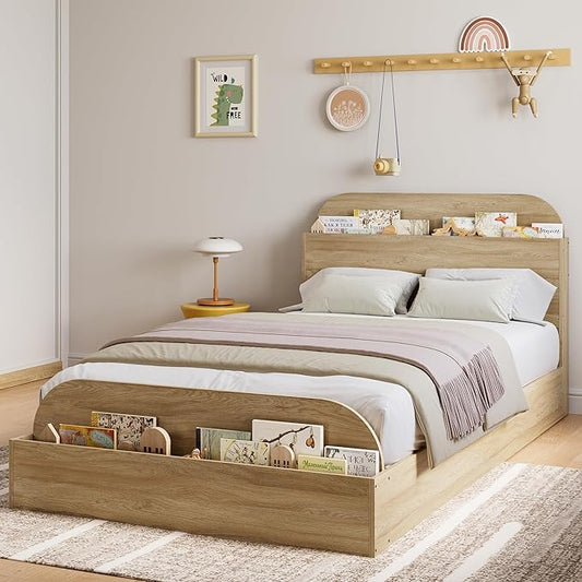Garvee Twin XL Size Bed Frame with Storage Headboard and Raised Footboard – Wooden Twin-Floor Low Platform Bed for Kids, Heavy Duty & Noise Free, No Box Spring Needed, Natural Wood