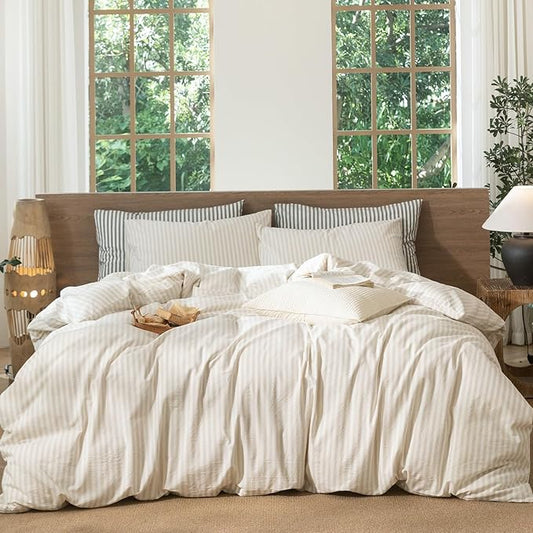 MooMee Striped Duvet Cover Set 100% Washed Cotton Linen Like Textured Breathable Durable Soft Comfy (Almond Milk Grey Classic Stripes, Cal King 104"x98")