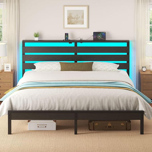 Rolanstar Bed Frame King Size with USB Charging Station, LED Bed Frame with Wood Storage Headboard, Black Metal Platform Bed with Under Bed Storage, No Box Spring Needed, Noise Free