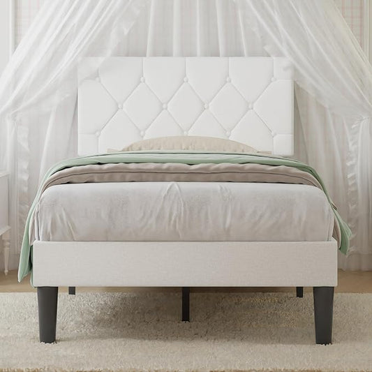 VECELO Twin Size Bed Frame with Button Tufted Headboard, Upholstered Platform Bedframe with Wood Slat Support, No Box Spring Needed, White