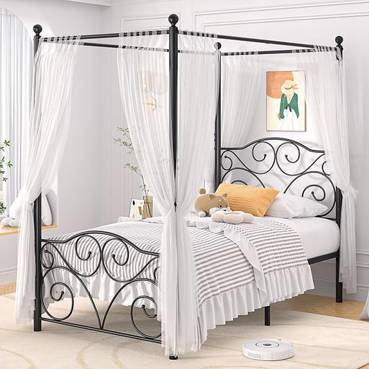 VECELO Metal Canopy Bed Frame Twin Size, 4 Posters Platform Mattress Foundation with Headboard, Heavy Duty Steel Slats Support, No Box Spring Needed, Black
