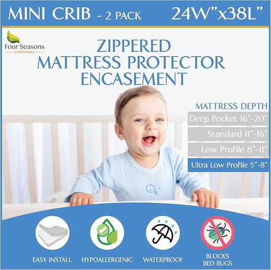 2 Pack Mini Crib Mattress Protector Waterproof Zippered Encasement Cover for Baby, Toddler (Mini Crib Size - 24x38x6)