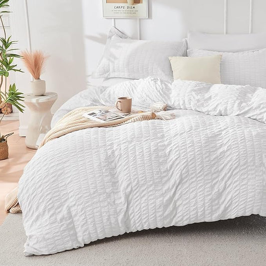 HYMOKEGE White Duvet Cover King Size, Ultra Soft 3-Piece Seersucker Duvet Cover Set with Zipper Closure, Soft Brushed Microfiber Bedding Set with 8 Corner Ties (104"x90", 2 Pillowshams)
